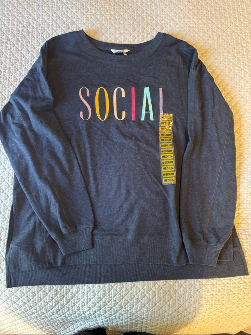 NWT Wildfox Navy Crewneck Sweatshirt with Multicolor Detail Embroidered “Social”
